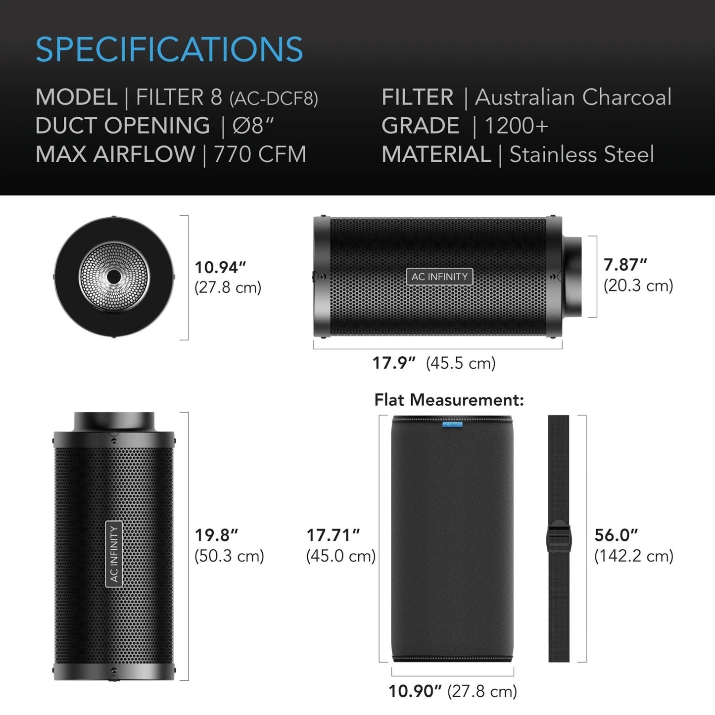 AC Infinity Duct Carbon Filter - 8" (1308 m3/h) | AC-DCF8
