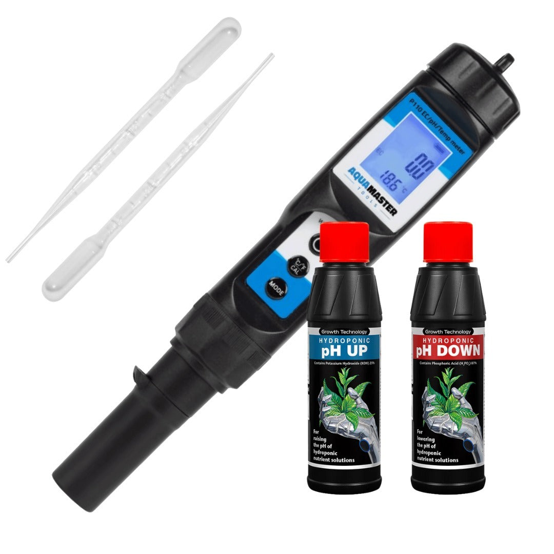 Aqua Master P110 Pro EC-pH-Temp Combo Pen - P110 + 250ml Ph Up + Ph Down + 2x5ml Pipettes