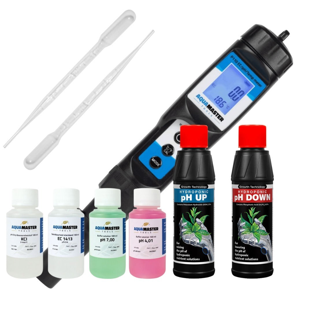 Aqua Master P110 Pro EC-pH-Temp Combo Pen - P110 + AM 4 Pack Solution + 250ml Ph Up + Ph Down + 2x5ml Pipettes