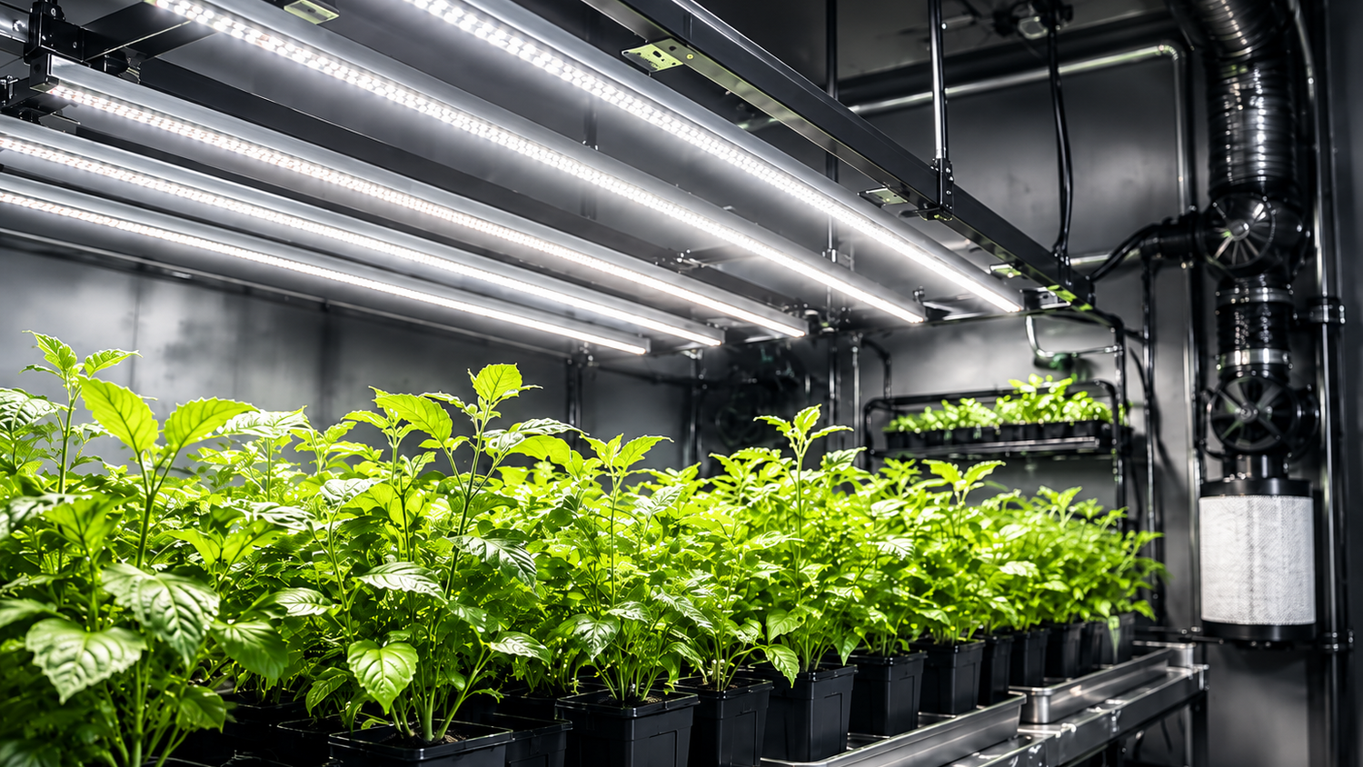 Grown plants in a controlled indoor environment with LED lights.