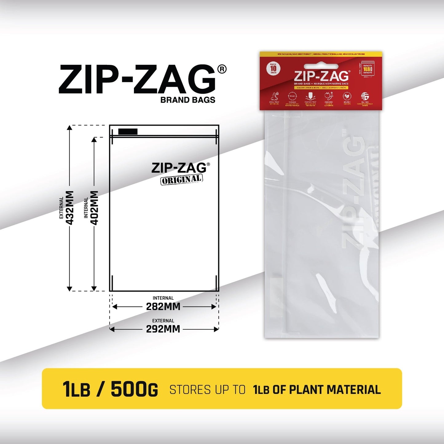 Zip-Zag Brand Smellproof Bags - 500g | Double Large (10 Pack)